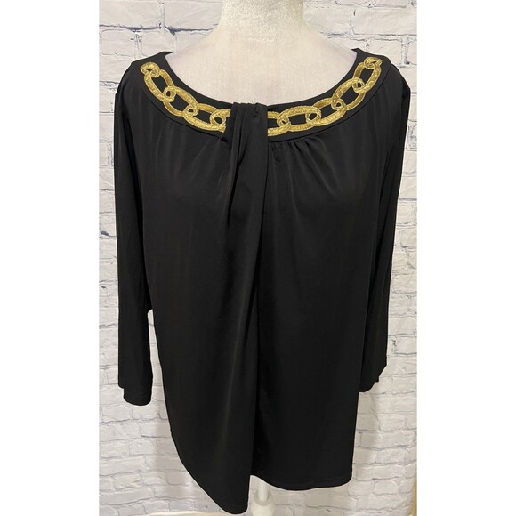 WOMENS BOB MACKIE BLACK EMBROIDERED GOLD CHAIN BLOUSE TOP SIZE 1X - Picture 1 of 6